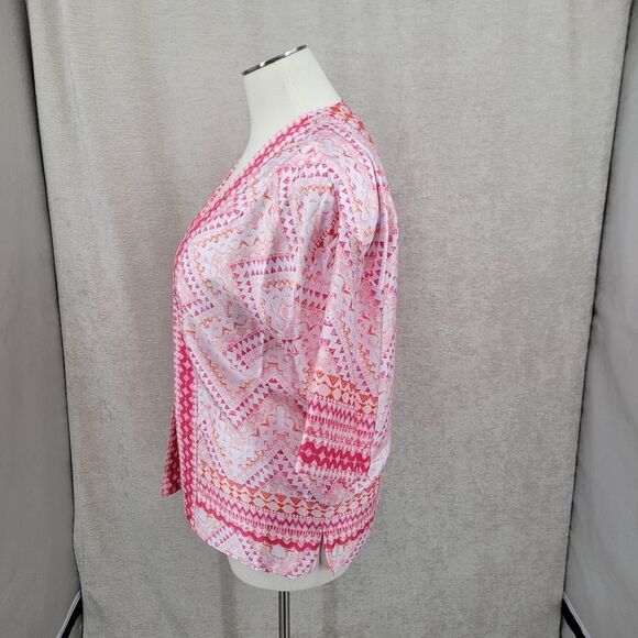 Slim Factor by Investments Plus Mosaic Tile Open Front Short Sleeve Kimono Pink - Picture 4 of 13